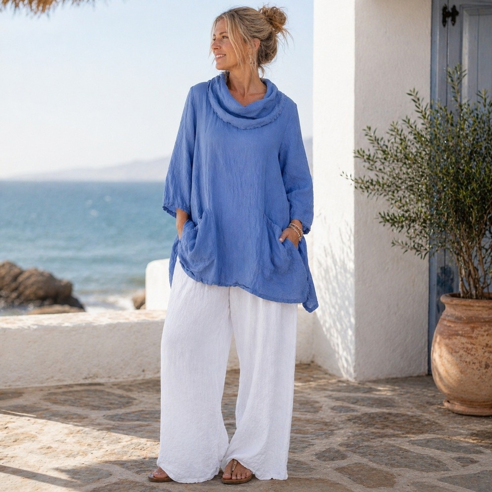 Match Point USA Linen Tunic Top Blue Cowl Neck Lagenlook Women's Small Boho